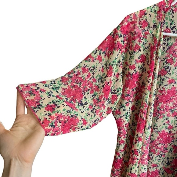 LuLaRoe Pink Floral Long Lined Open Front Semi Sheer Kimono Duster Size Small - Picture 4 of 5